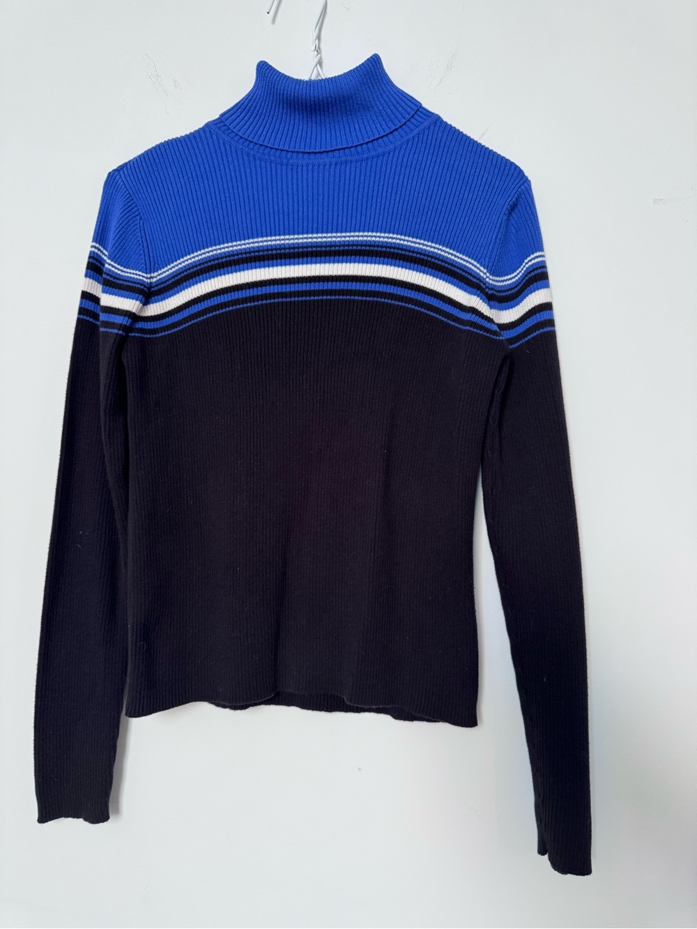 Karen Scott Blue and Black Striped 90s Turtleneck Sweater 100% Cotton